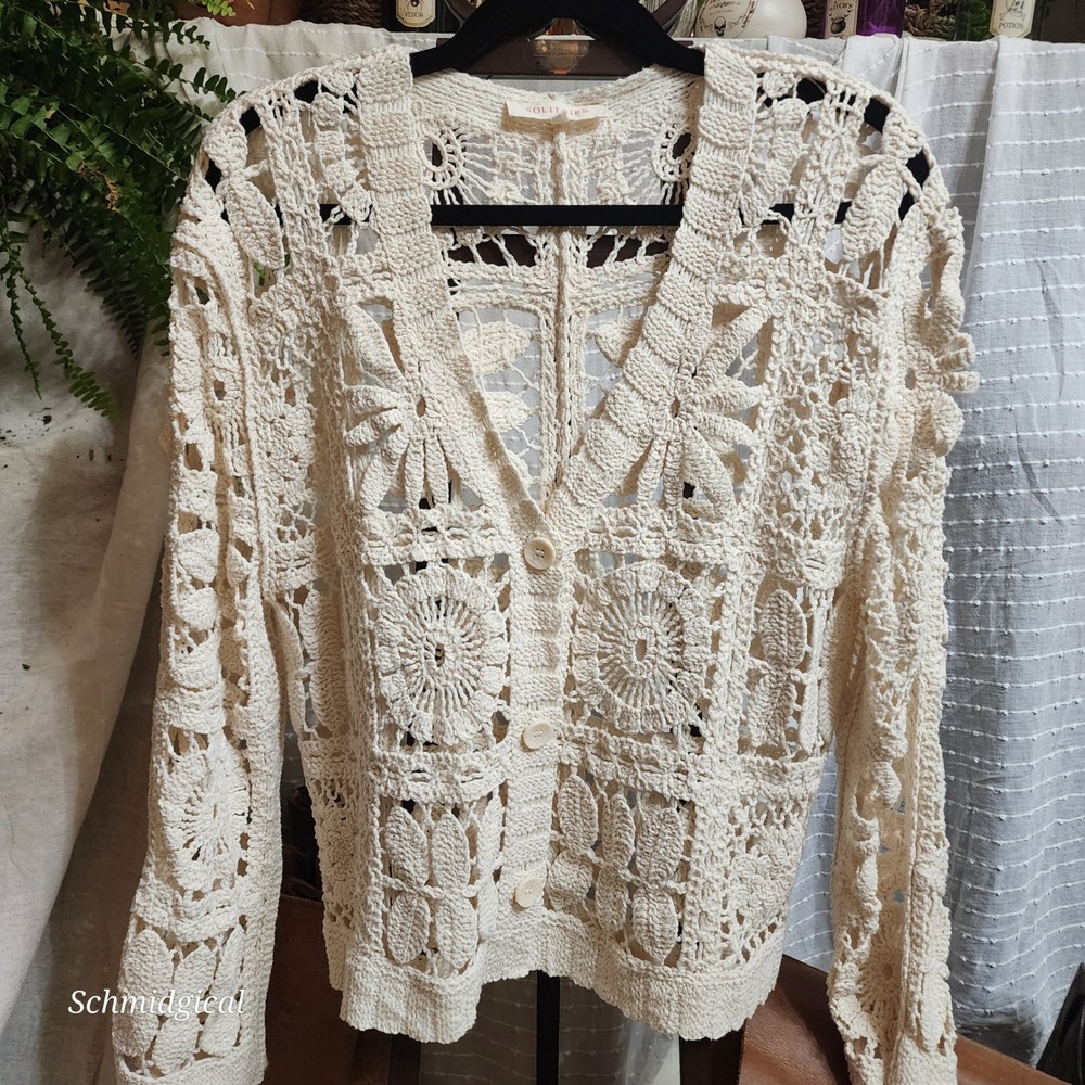 Solitaire Anthropologie Women Cream Cotton Crochet Cardigan Open Knit Floral L